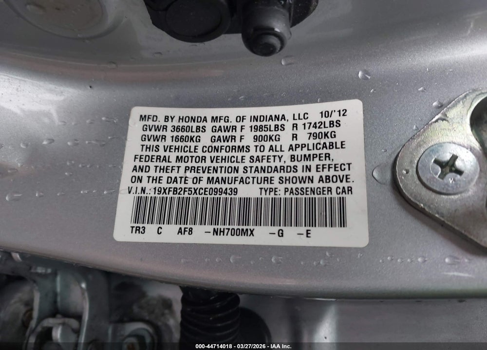 2012 HONDA CIVIC LX VIN: 19XFB2F5XCE099439