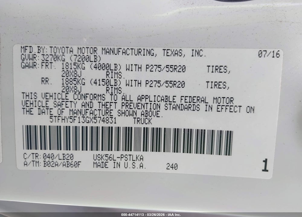 2016 TOYOTA TUNDRA LIMITED 5.7L V8 VIN: 5TFHY5F13GX574831