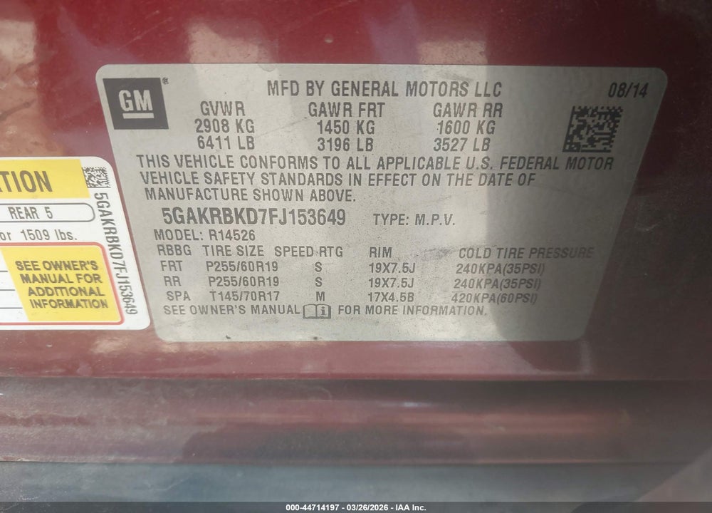 2015 BUICK ENCLAVE LEATHER VIN: 5GAKRBKD7FJ153649