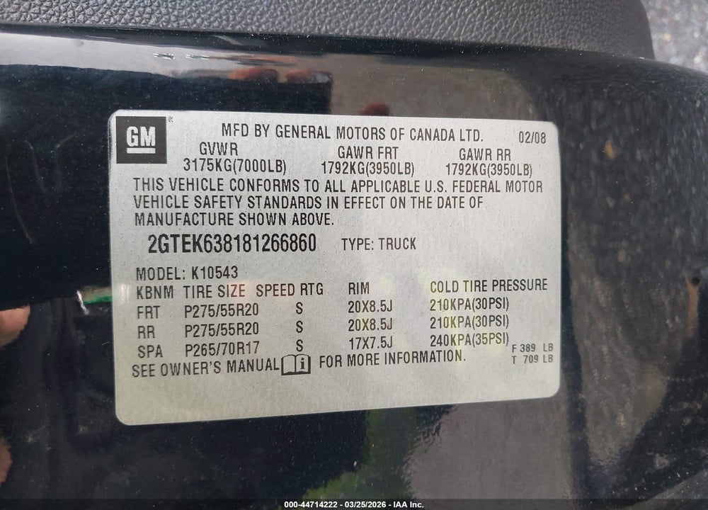 2008 GMC SIERRA 1500 DENALI VIN: 2GTEK638181266860