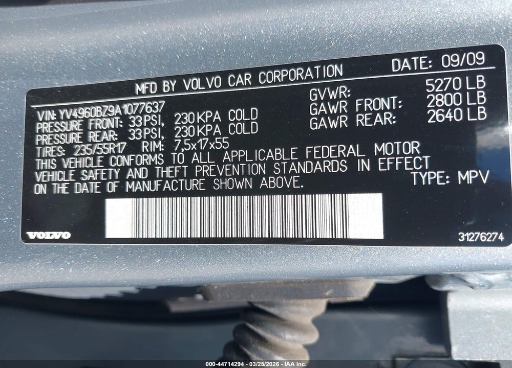 2010 VOLVO XC70 3.2 VIN: YV4960BZ9A1077637