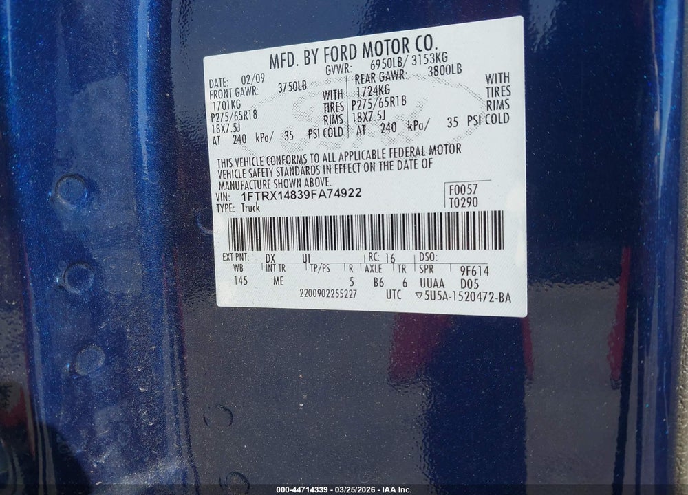 2009 FORD F-150 STX/XL/XLT VIN: 1FTRX14839FA74922