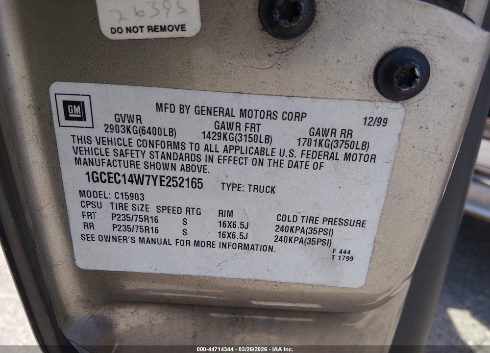 2000 CHEVROLET SILVERADO 1500 VIN: 1GCEC14W7YE252165