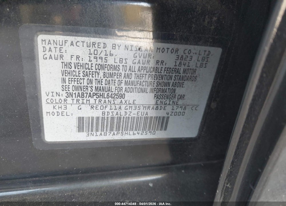 2017 NISSAN SENTRA SV VIN: 3N1AB7AP5HL642590