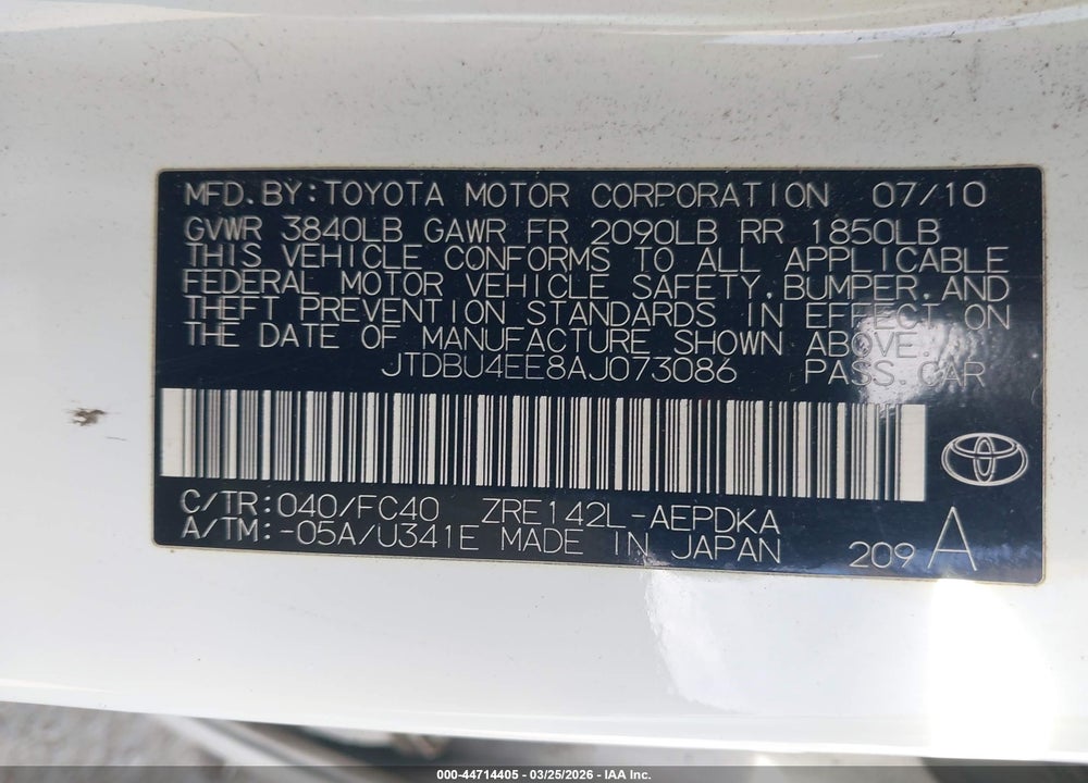 2010 TOYOTA COROLLA LE VIN: JTDBU4EE8AJ073086
