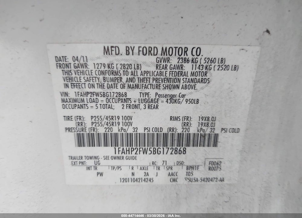 2011 FORD TAURUS LIMITED VIN: 1FAHP2FW5BG172868