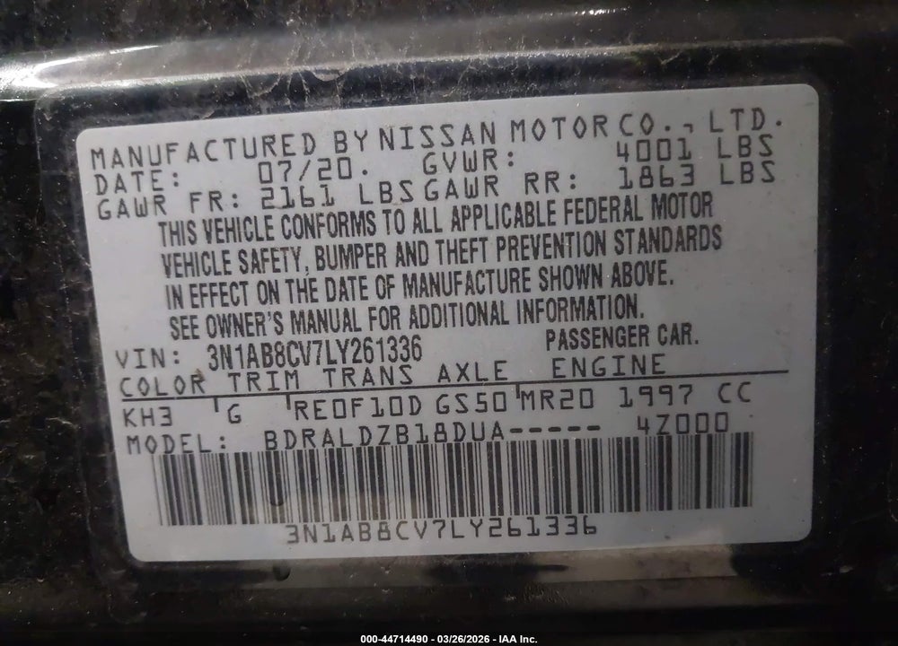 2020 NISSAN SENTRA SV XTRONIC CVT VIN: 3N1AB8CV7LY261336