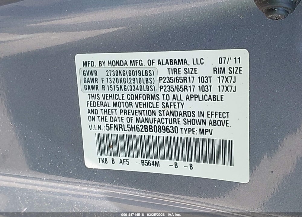 2011 HONDA ODYSSEY EX-L VIN: 5FNRL5H62BB089630