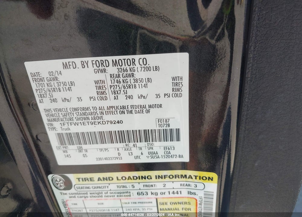 2014 FORD F-150 XLT VIN: 1FTFW1ET9EKD79240