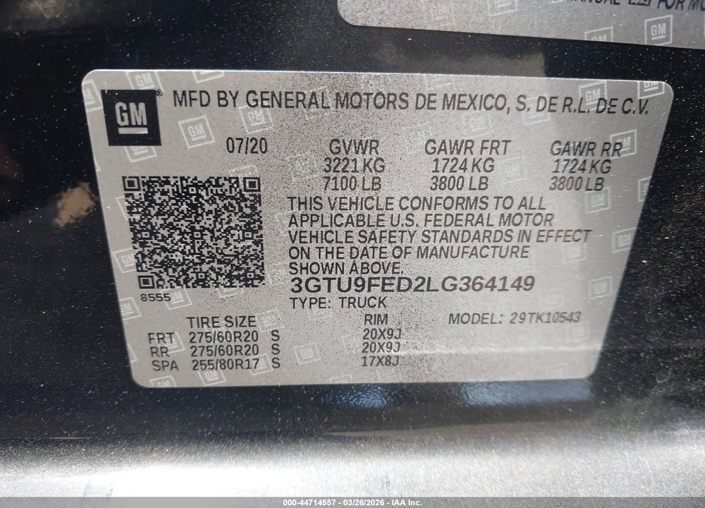 2020 GMC SIERRA 1500 4WD  SHORT BOX DENALI VIN: 3GTU9FED2LG364149
