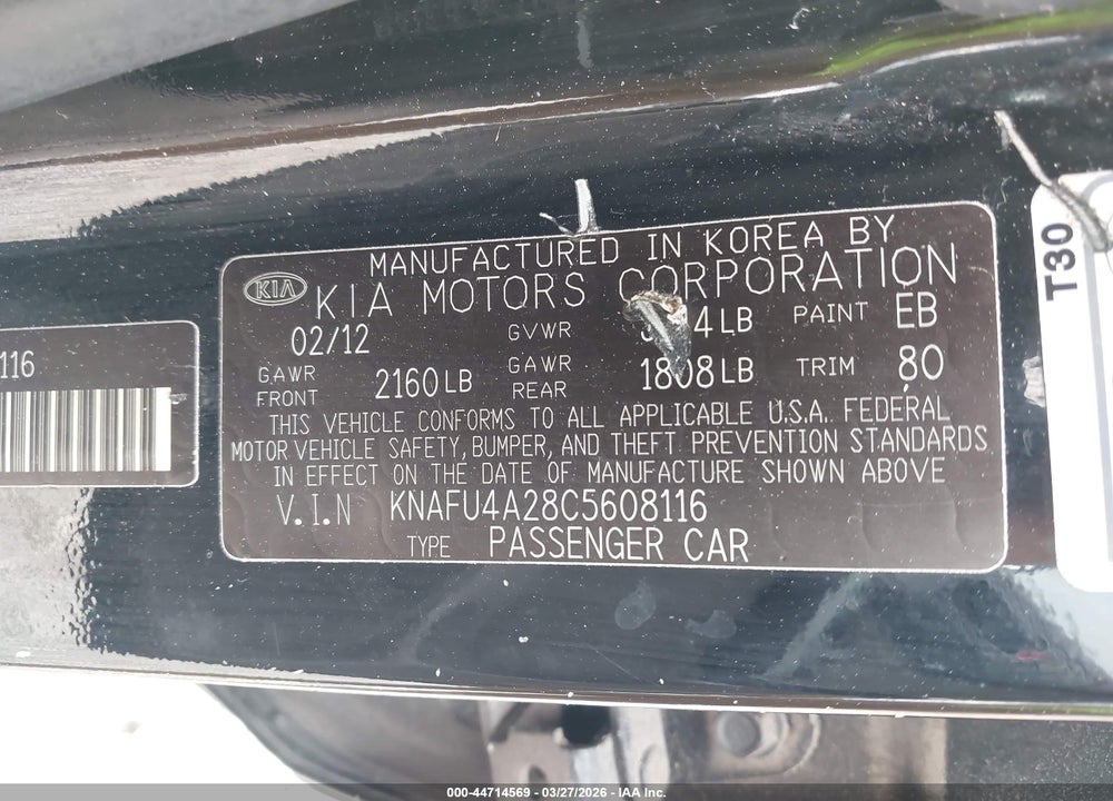 2012 KIA FORTE EX VIN: KNAFU4A28C5608116
