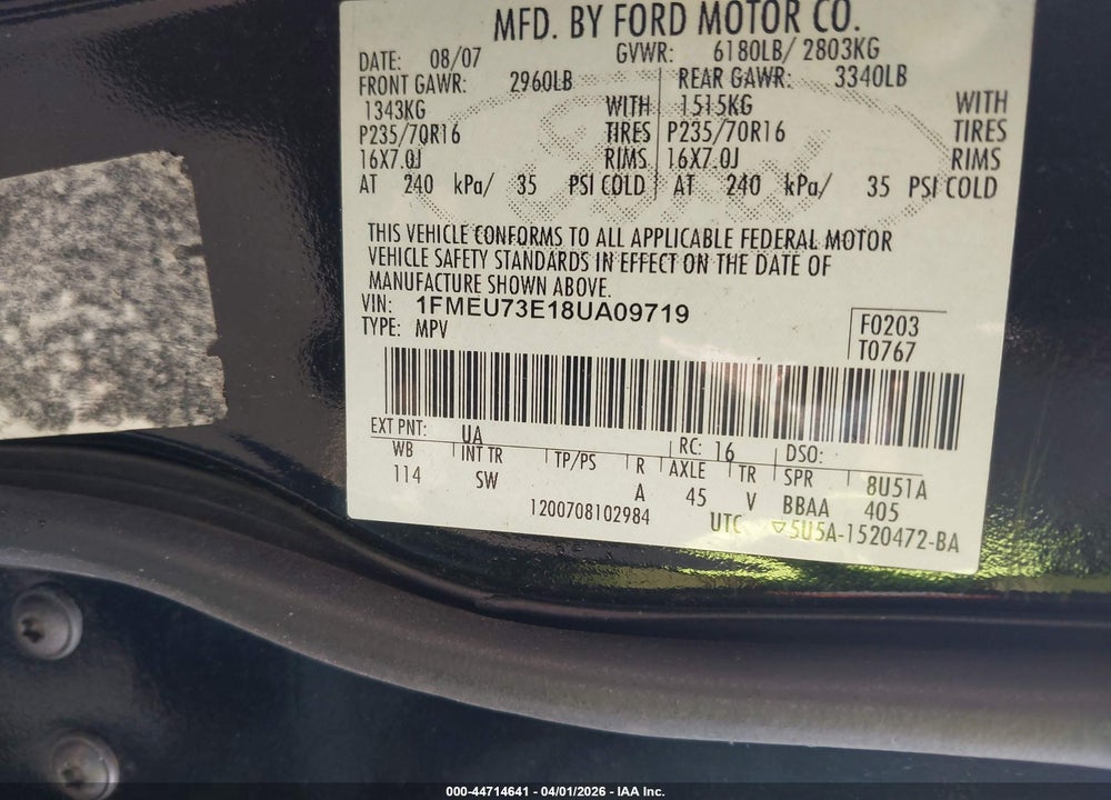 2008 FORD EXPLORER XLT VIN: 1FMEU73E18UA09719