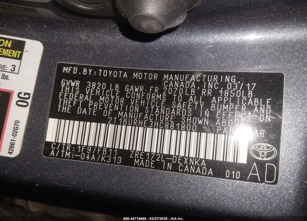 2017 TOYOTA COROLLA LE VIN: 2T1BURHE3HC881800