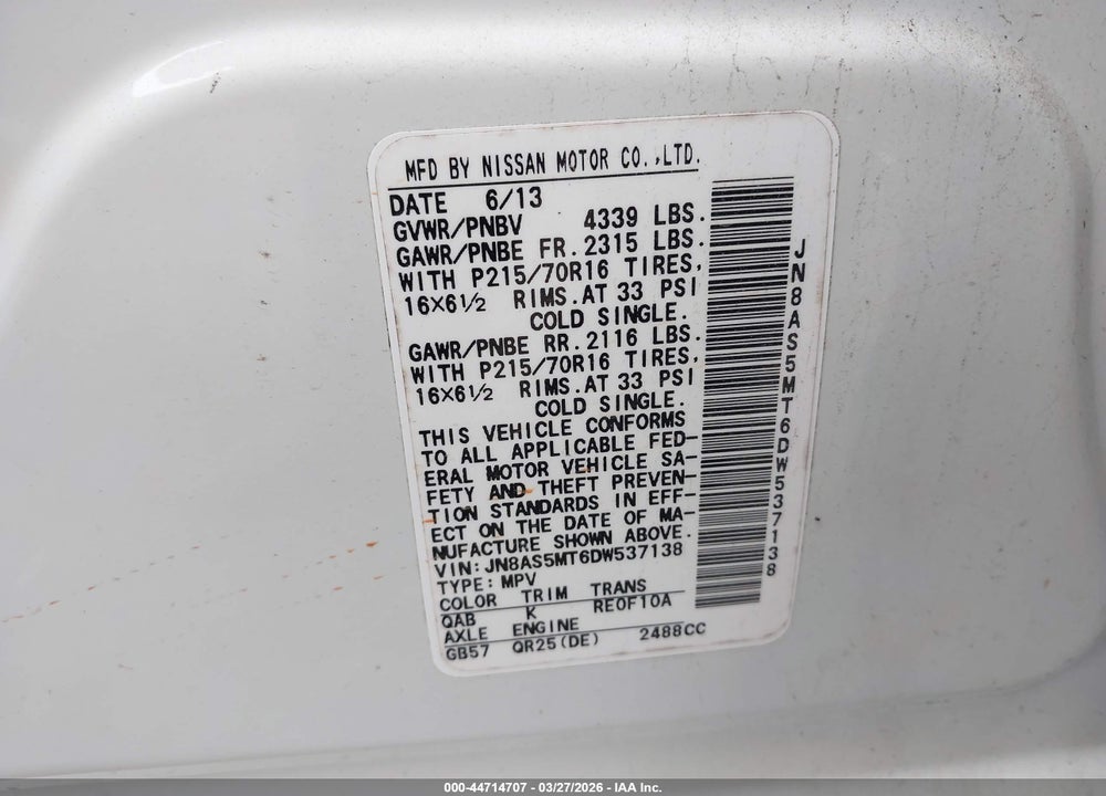 2013 NISSAN ROGUE S VIN: JN8AS5MT6DW537138