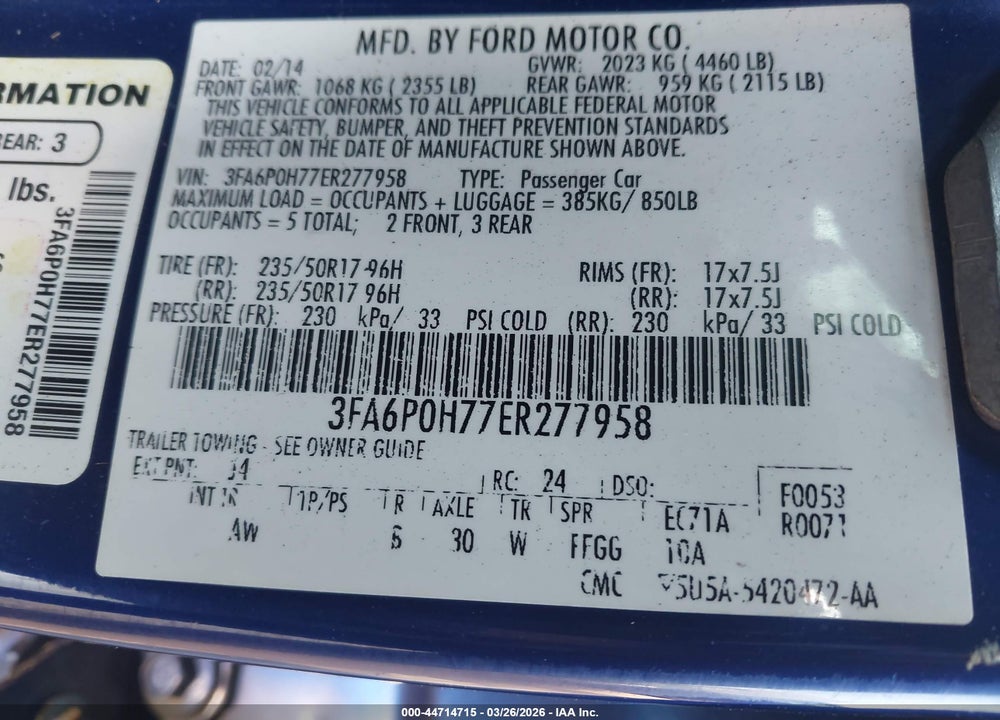 2014 FORD FUSION SE VIN: 3FA6P0H77ER277958