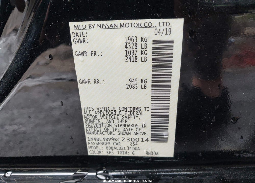 2019 NISSAN ALTIMA 2.5 S VIN: 1N4BL4BV9KC230014