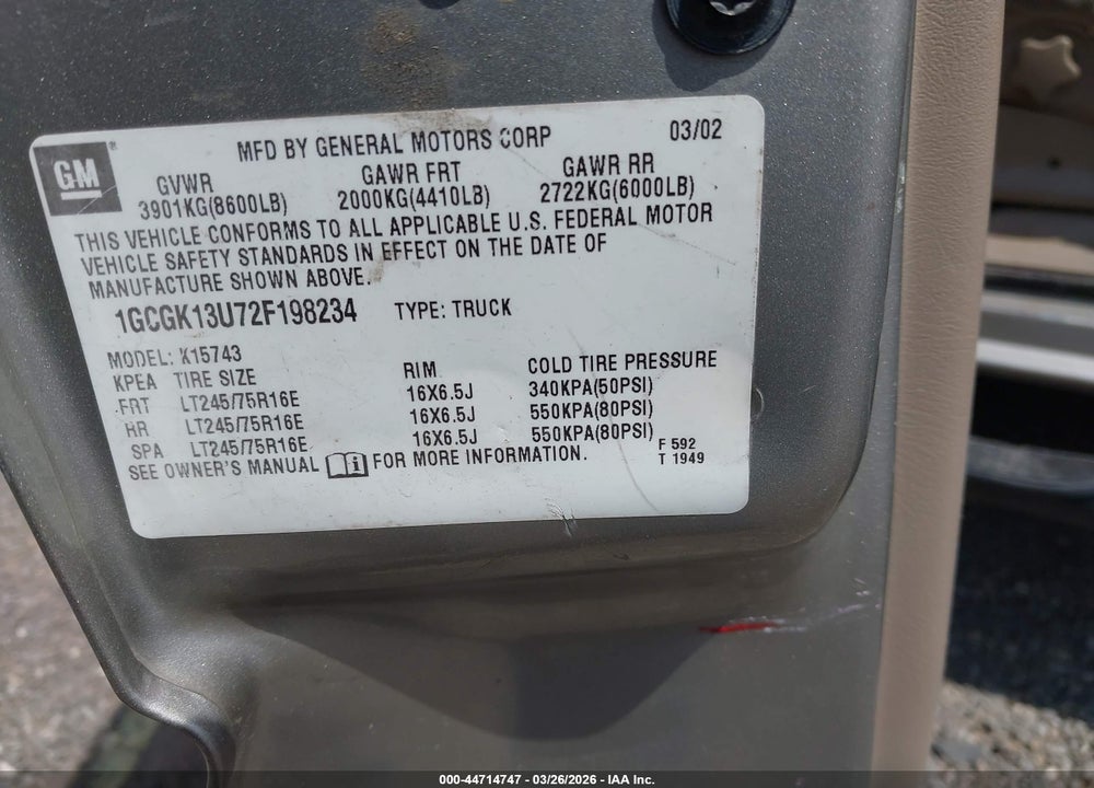 2002 CHEVROLET SILVERADO 1500HD LS VIN: 1GCGK13U72F198234