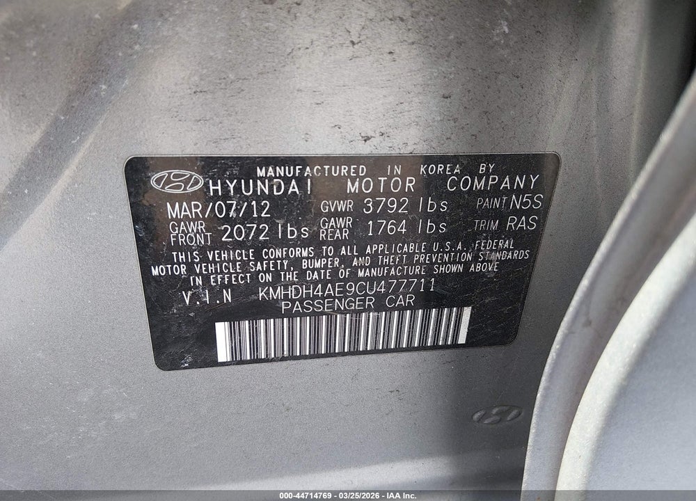 2012 HYUNDAI ELANTRA LIMITED (ULSAN PLANT) VIN: KMHDH4AE9CU477711