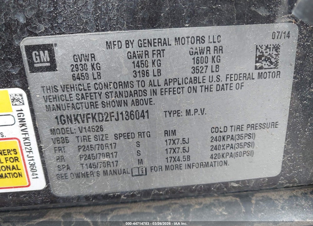 2015 CHEVROLET TRAVERSE LS VIN: 1GNKVFKD2FJ136041