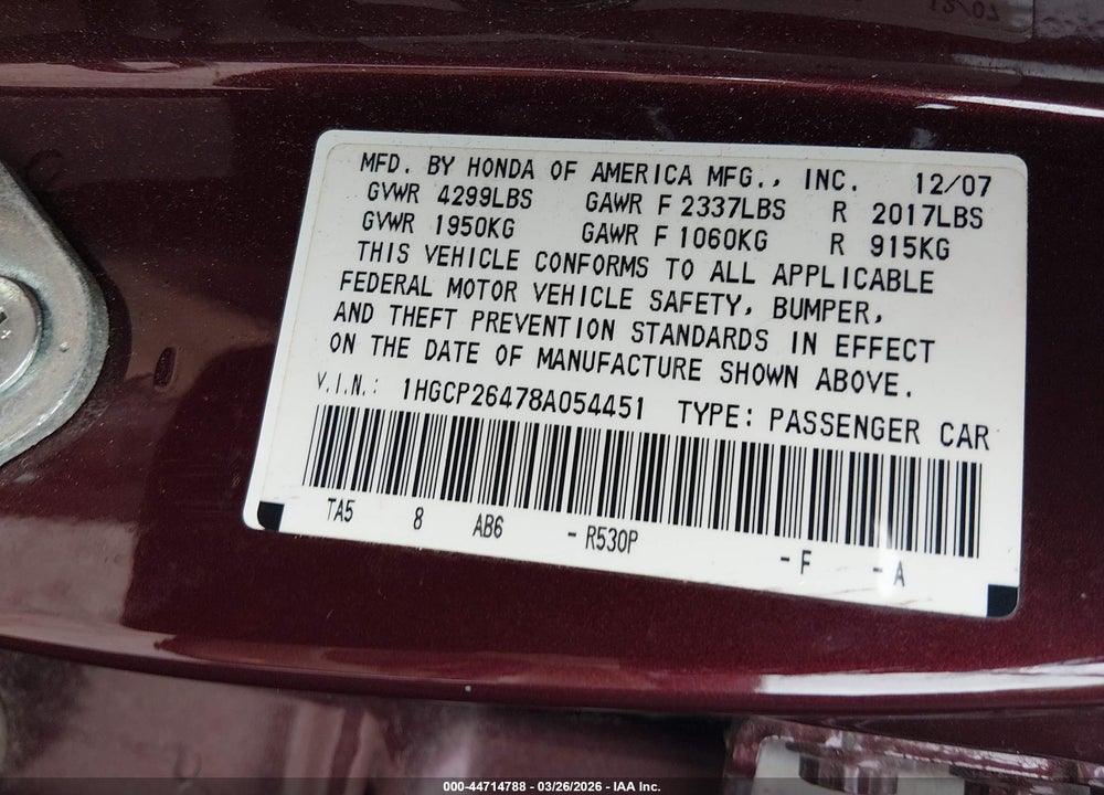 2008 HONDA ACCORD 2.4 LX-P VIN: 1HGCP26478A054451