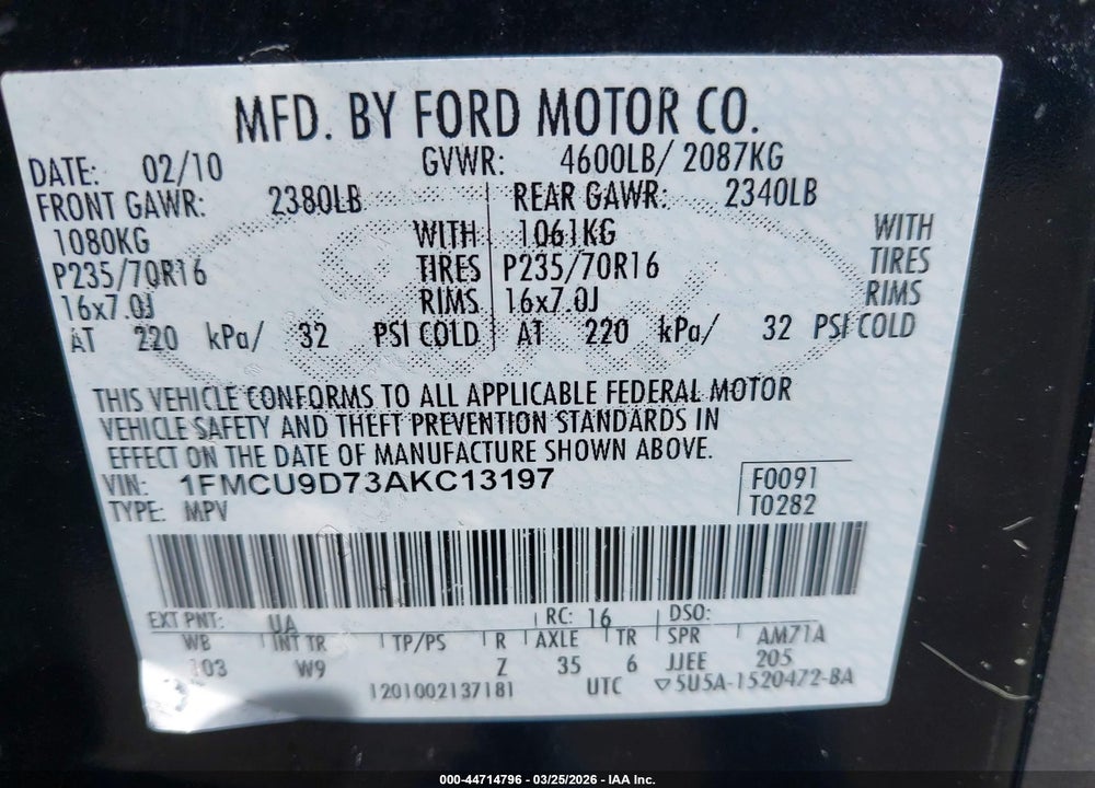 2010 FORD ESCAPE XLT VIN: 1FMCU9D73AKC13197