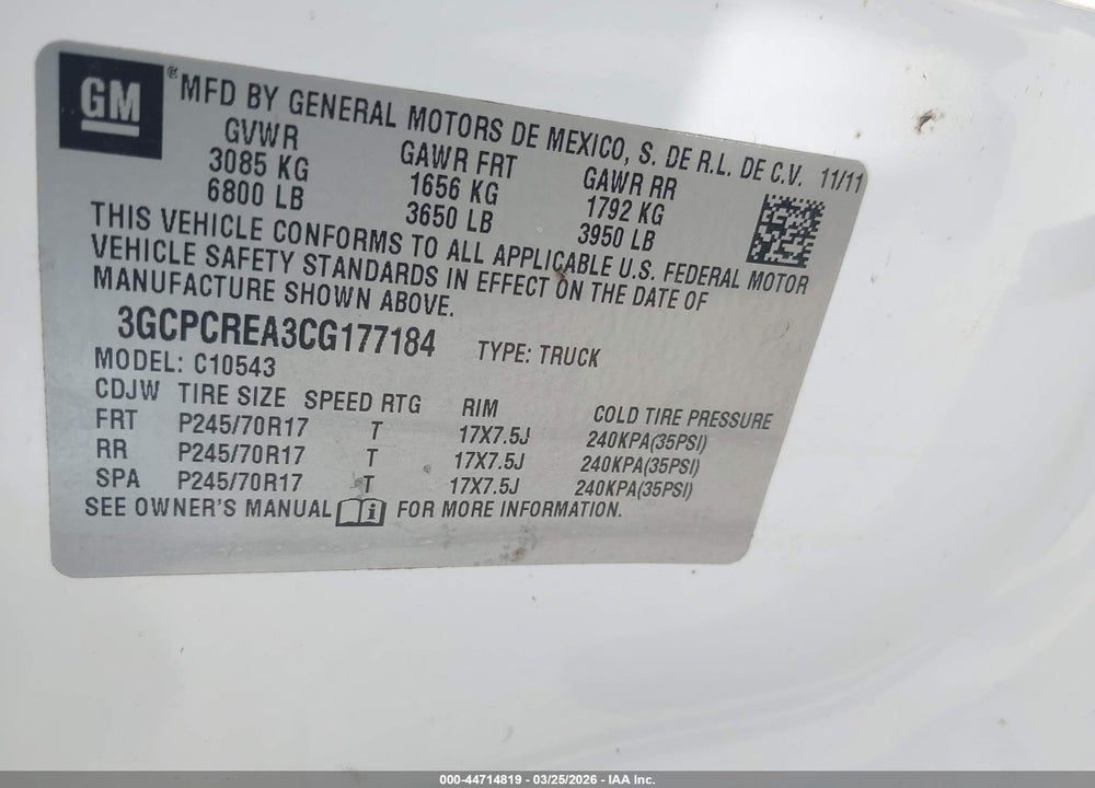 2012 CHEVROLET SILVERADO 1500 VIN: 3GCPCREA3CG177184