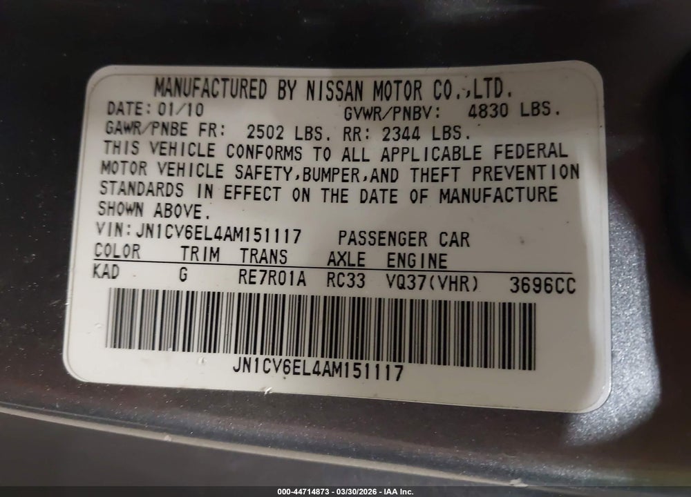 2010 INFINITI G37X VIN: JN1CV6EL4AM151117