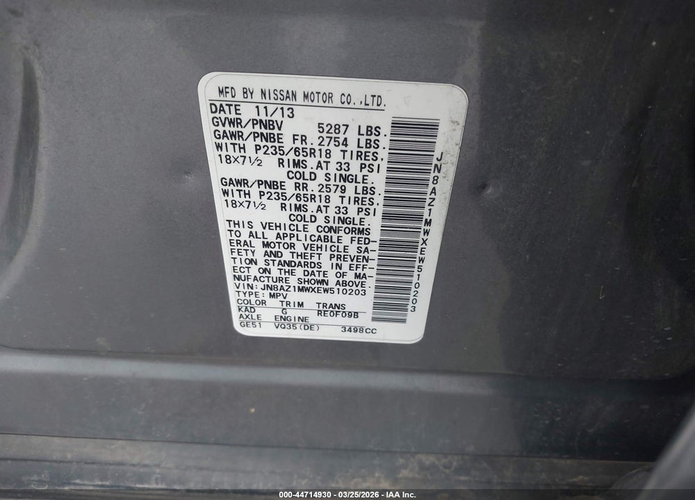 2014 NISSAN MURANO SL VIN: JN8AZ1MWXEW510203