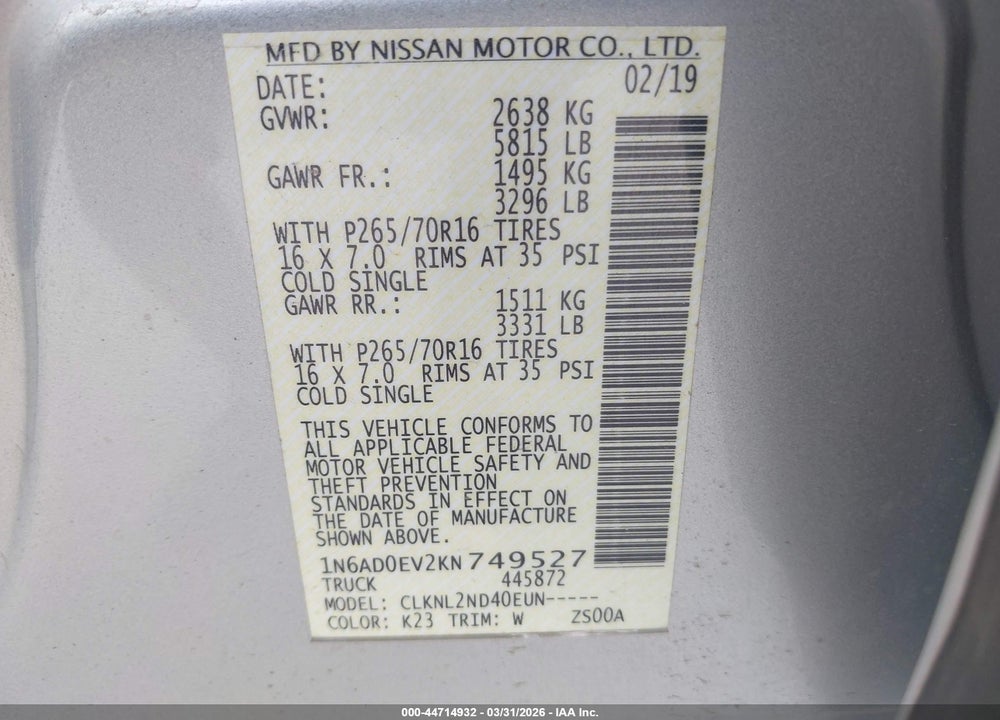 2019 NISSAN FRONTIER SV VIN: 1N6AD0EV2KN749527