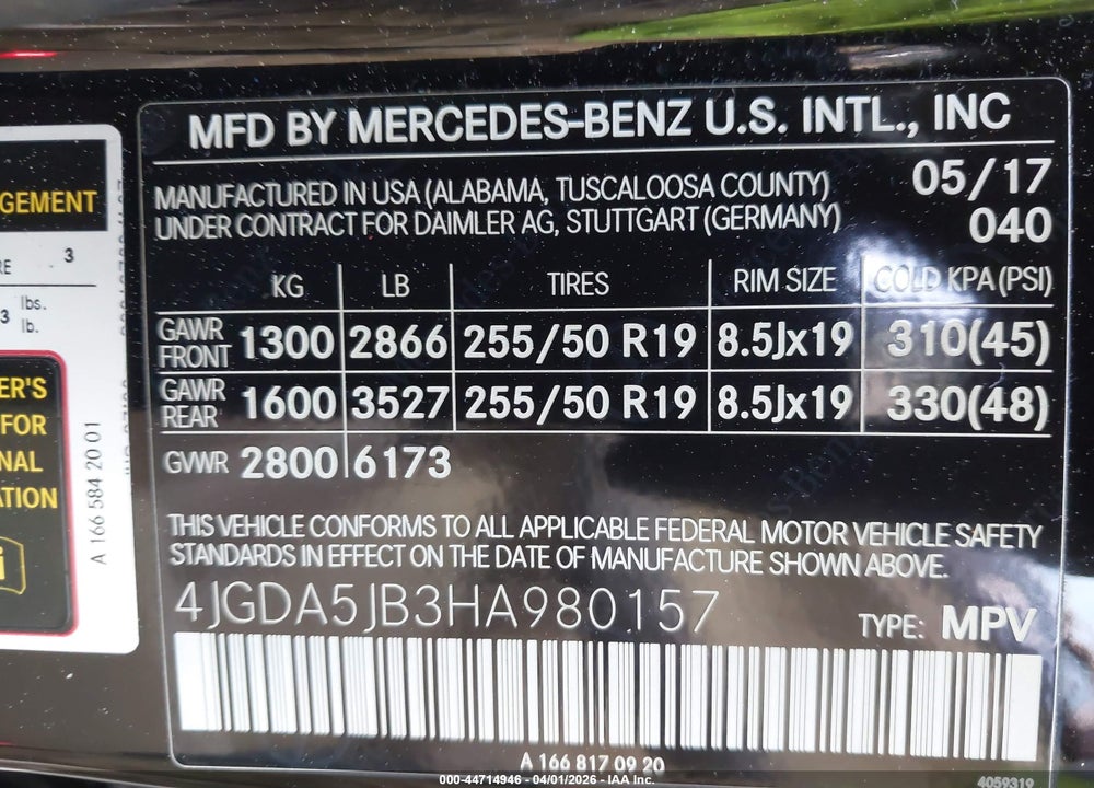 2017 MERCEDES-BENZ GLE 350 VIN: 4JGDA5JB3HA980157