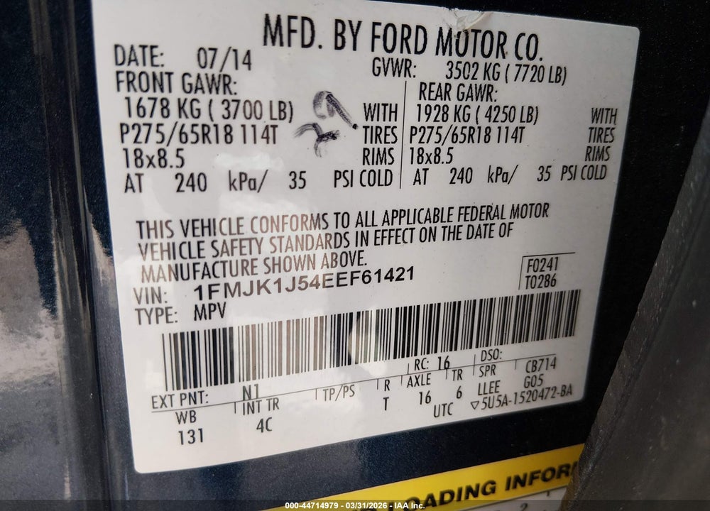 2014 FORD EXPEDITION EL XLT VIN: 1FMJK1J54EEF61421
