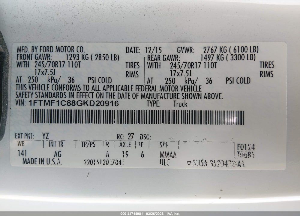 2016 FORD F-150 XL VIN: 1FTMF1C88GKD20916