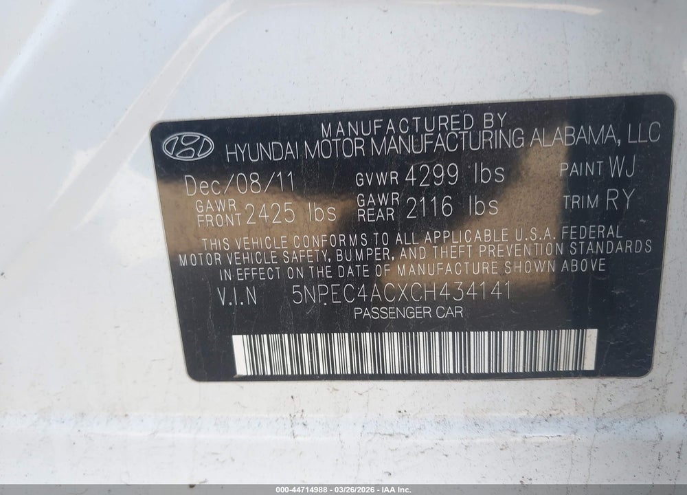 2012 HYUNDAI SONATA SE VIN: 5NPEC4ACXCH434141