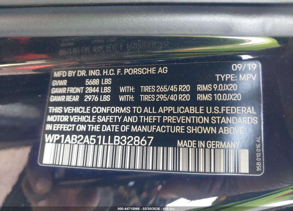 2020 PORSCHE MACAN S VIN: WP1AB2A51LLB32867