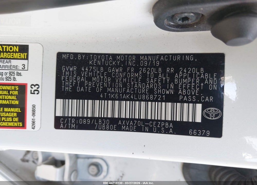 2020 TOYOTA CAMRY XSE VIN: 4T1K61AK4LU868721