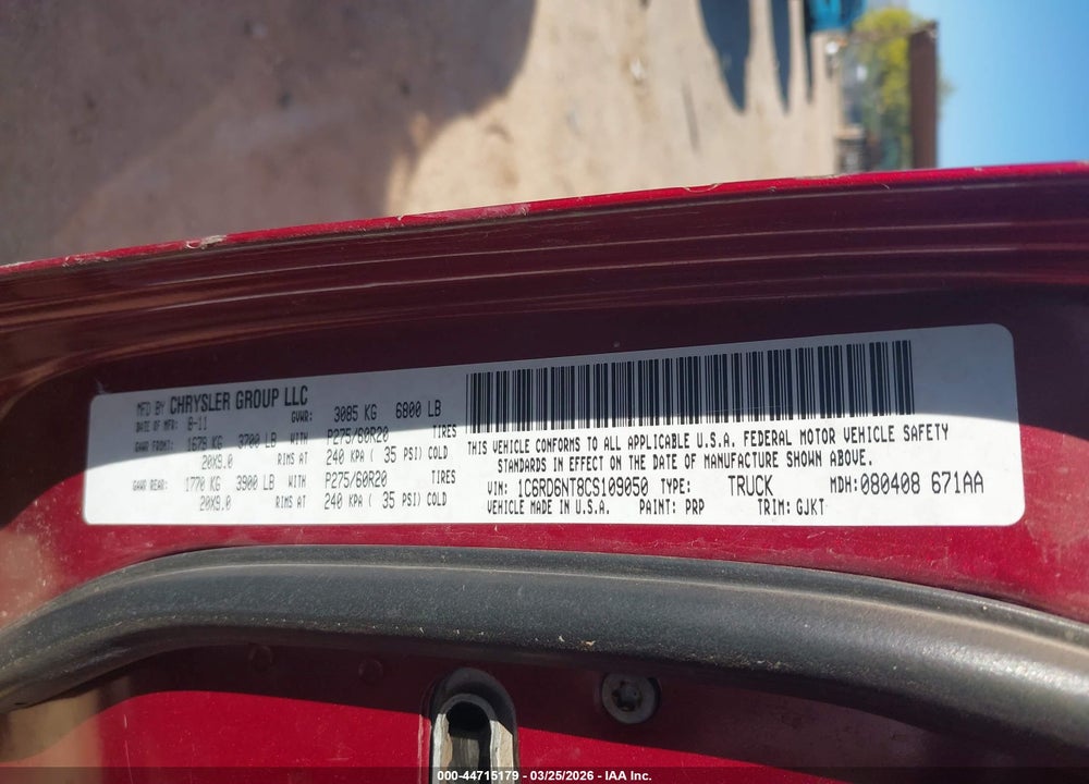 2012 RAM 1500 LAIE VIN: 1C6RD6NT8CS109050