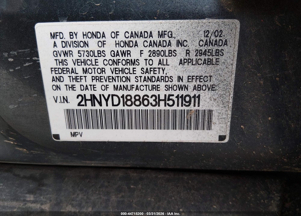 2003 ACURA MDX VIN: 2HNYD18863H511911