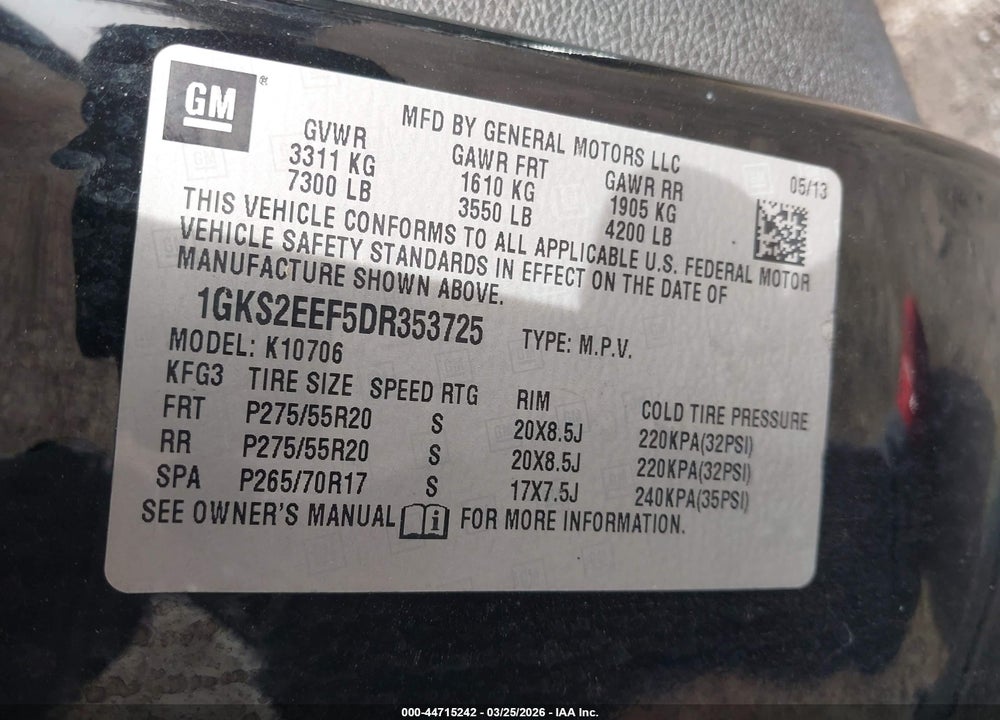 2013 GMC YUKON DENALI VIN: 1GKS2EEF5DR353725