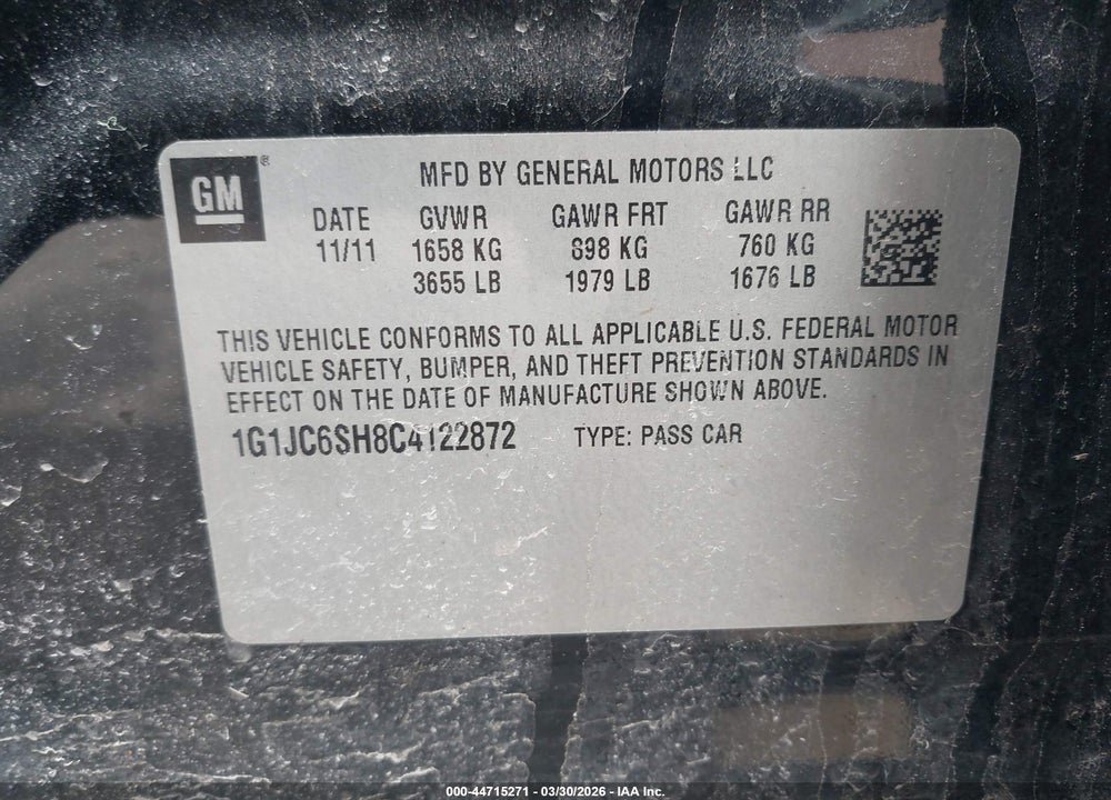 2012 CHEVROLET SONIC 2LT VIN: 1G1JC6SH8C4122872
