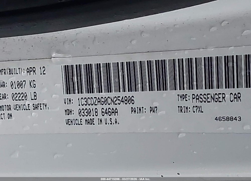 2012 DODGE AVENGER SE VIN: 1C3CDZAG0CN254806