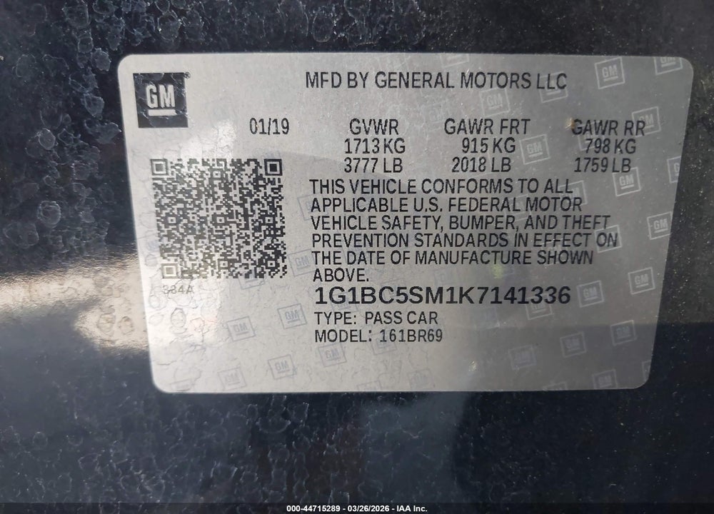 2019 CHEVROLET CRUZE LS VIN: 1G1BC5SM1K7141336