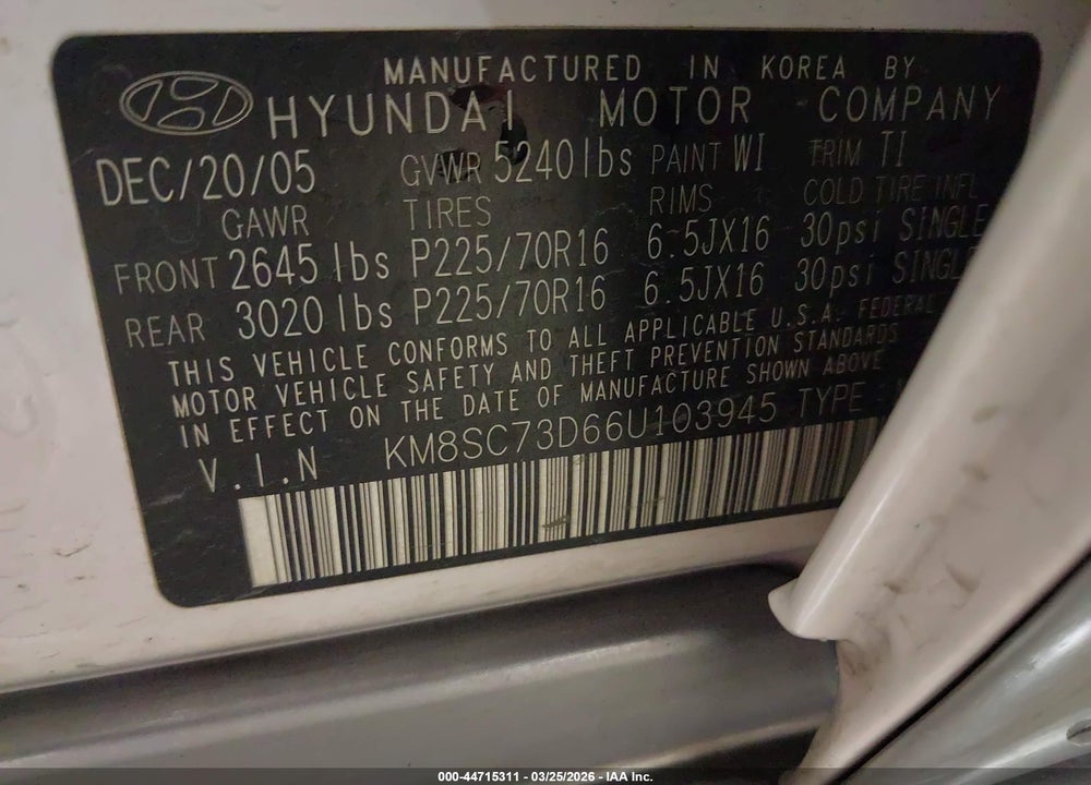 2006 HYUNDAI SANTA FE GLS VIN: KM8SC73D66U103945