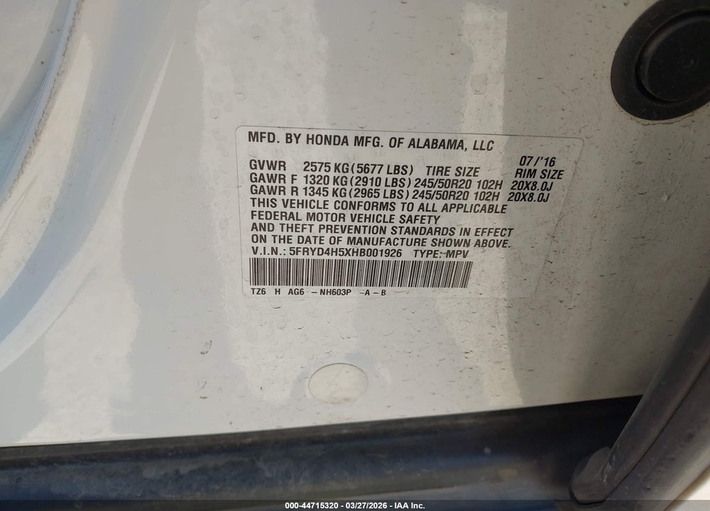 2017 ACURA MDX TECHNOLOGY PACKAGE VIN: 5FRYD4H5XHB001926