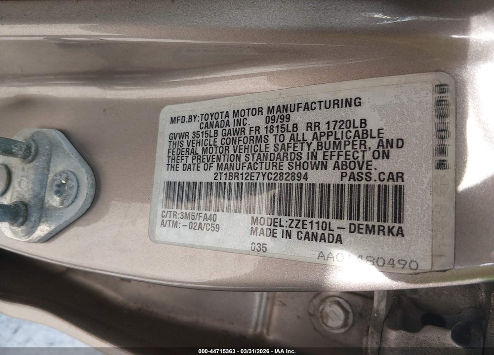 2000 TOYOTA COROLLA VE VIN: 2T1BR12E7YC282894
