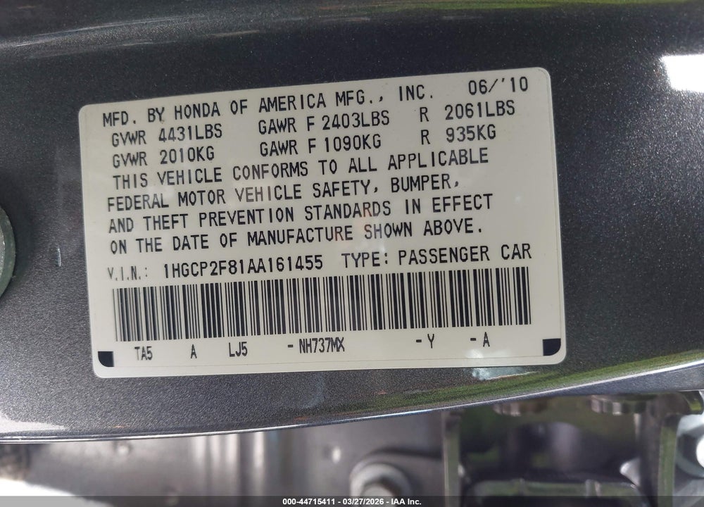 2010 HONDA ACCORD 2.4 EX-L VIN: 1HGCP2F81AA161455