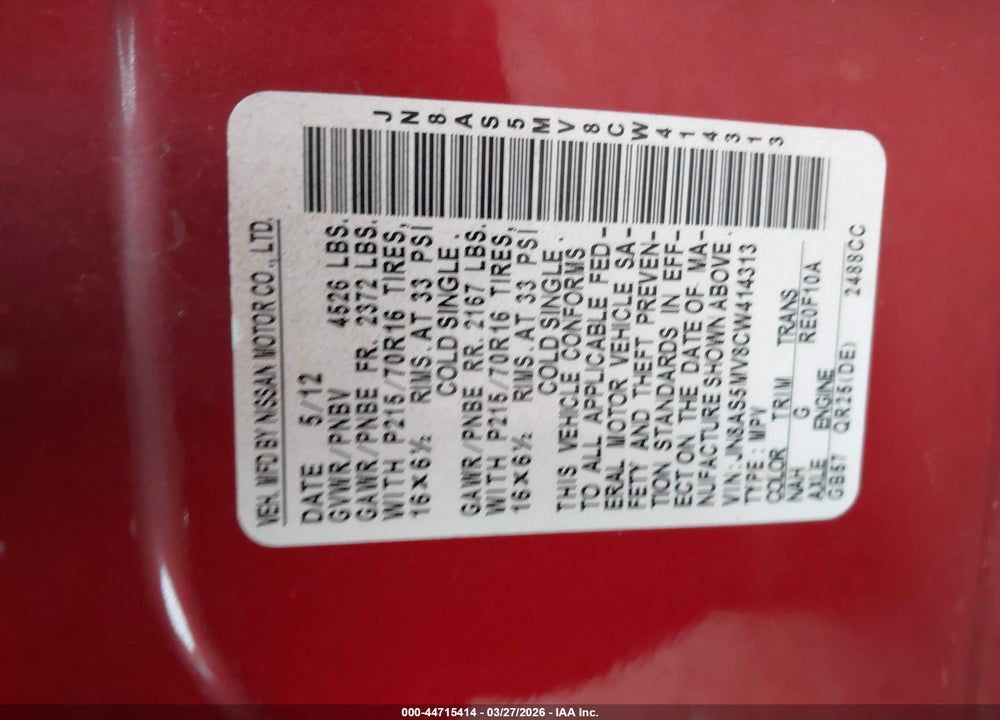 2012 NISSAN ROGUE S VIN: JN8AS5MV8CW414313