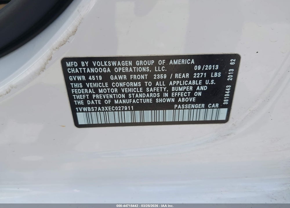 2014 VOLKSWAGEN PASSAT 1.8T SE VIN: 1VWBS7A3XEC027911