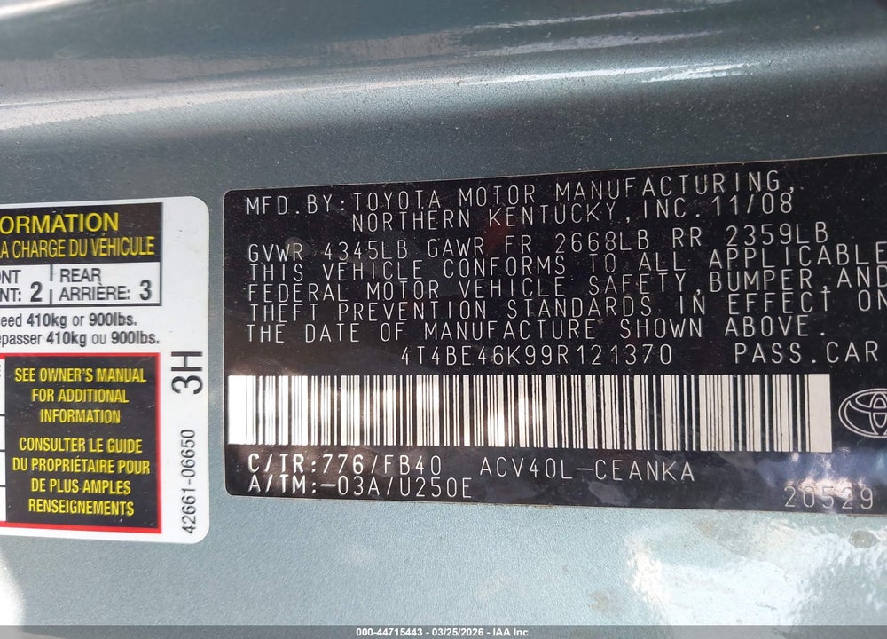 2009 TOYOTA CAMRY LE VIN: 4T4BE46K99R121370
