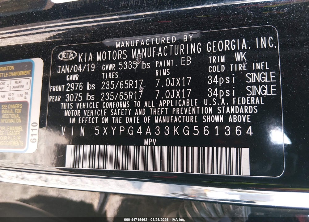 2019 KIA SORENTO 2.4L L VIN: 5XYPG4A33KG561364