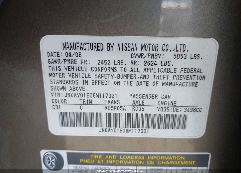 2006 INFINITI M35 VIN: JNKAY01E06M117021